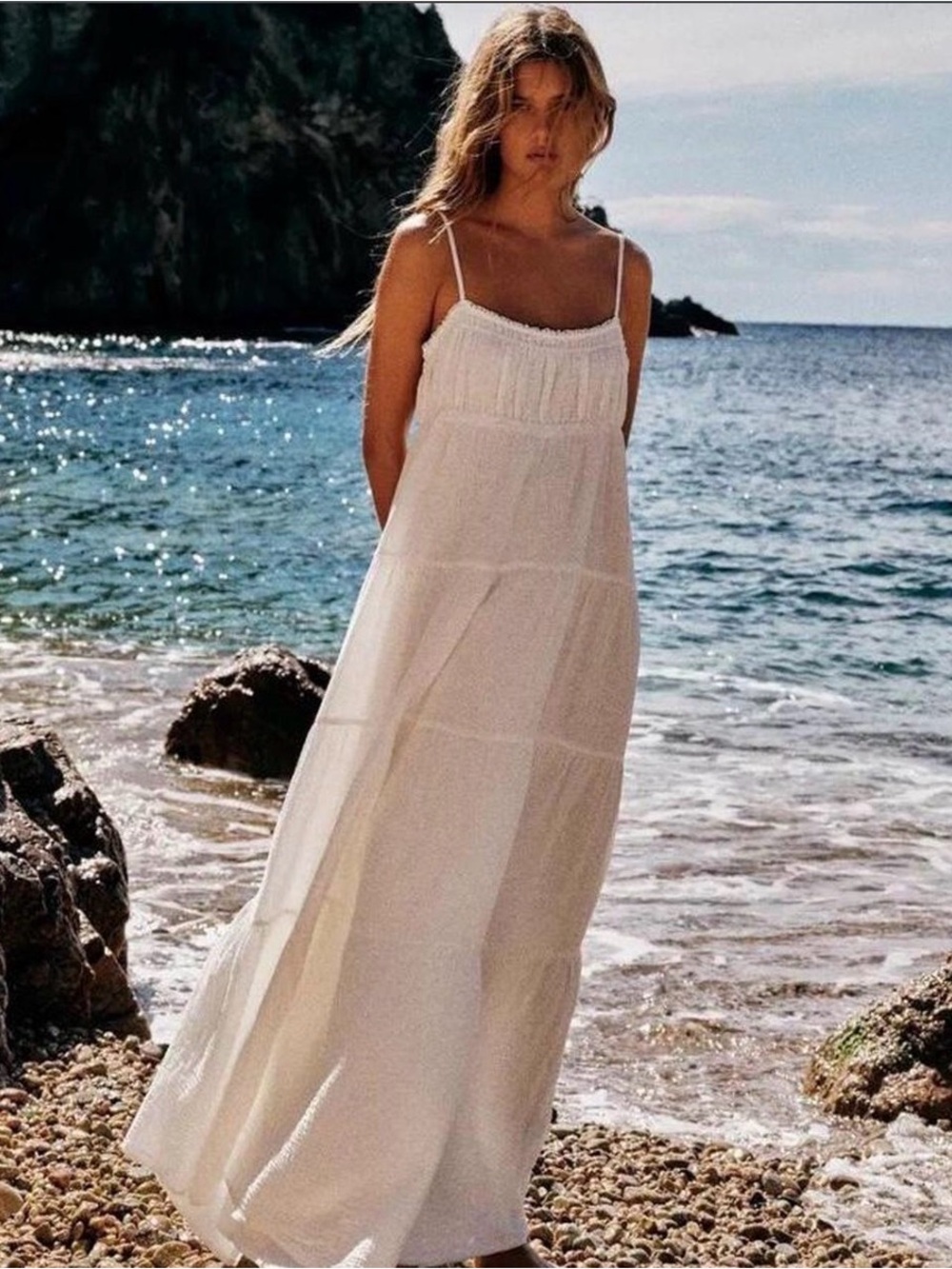 Zara Cream Tiered Maxi Sundress with Spaghetti Straps